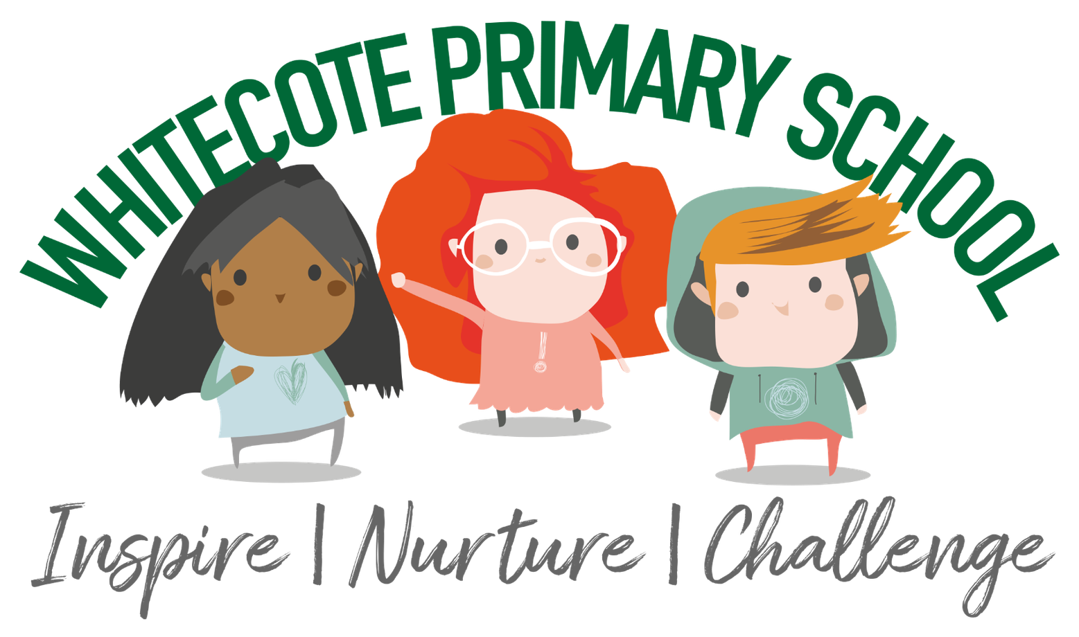 Whitecote Primary School — Inspire, Nurture, Challenge, with three illustrated children